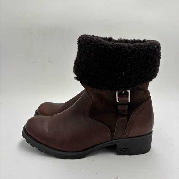 UGG Women’s 9 Brown Leather Bellvue II Mid Shearling Lined Heeled Boots - Picture 1 of 8